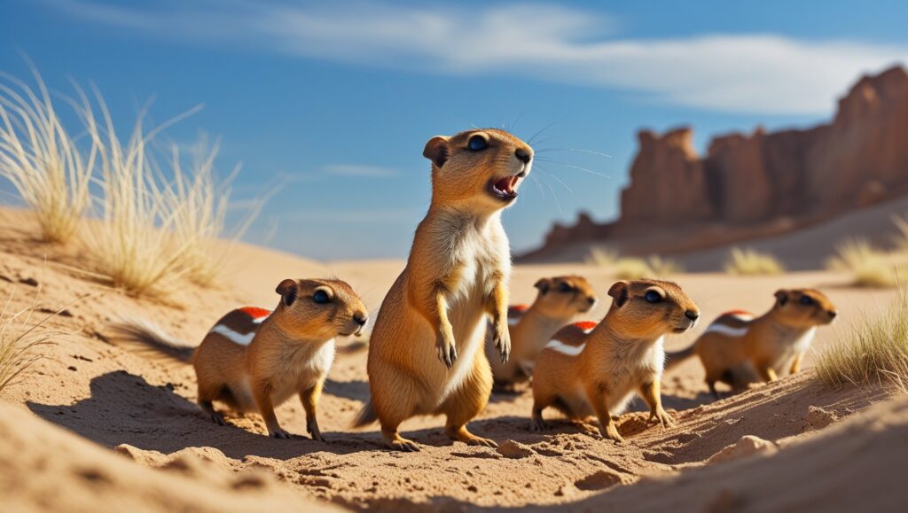 Prairie dogs on alert in a desert landscape, one letting out a warning call while others dart into their burrows.