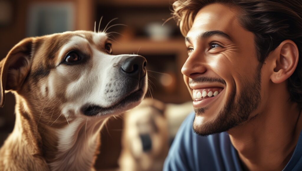 A dog tilting its head while looking at a human who is smiling. Emphasize the dog’s inquisitive expression and the human’s joyful face, with warm tones highlighting the connection. Add a background of a cozy home setting to make it relatable.
