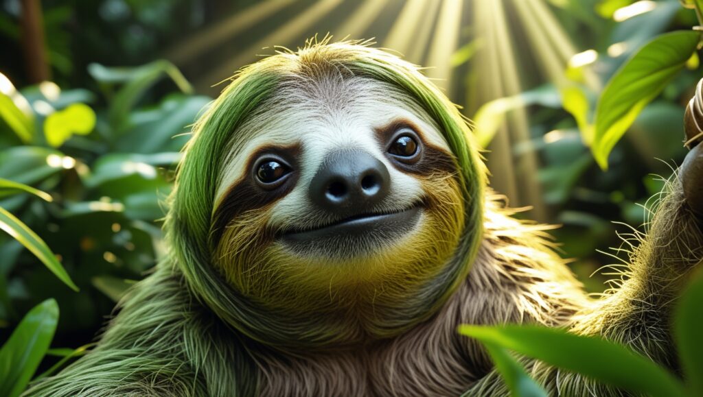 A heartwarming scene of a sloth close-up, its sweet, smiling face surrounded by lush greenery. Gentle rays of sunlight illuminate its fur, emphasizing its algae tint. The sloth's relaxed demeanor is mirrored by the serene environment around it. The image evokes feelings of mindfulness and tranquility, reminding viewers of the beauty of slowing down.