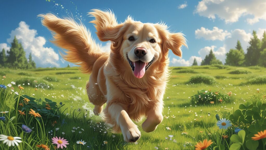 A playful golden retriever wagging its tail energetically in a green meadow.