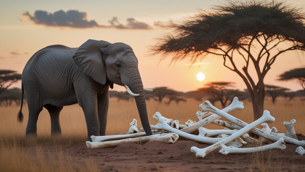 An elephant gently touching a set of bleached bones in a quiet savanna at sunset.