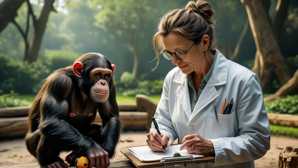 A scientist in a lab coat observing a chimpanzee in a spacious, naturalistic enclosure, jotting notes on a clipboard.