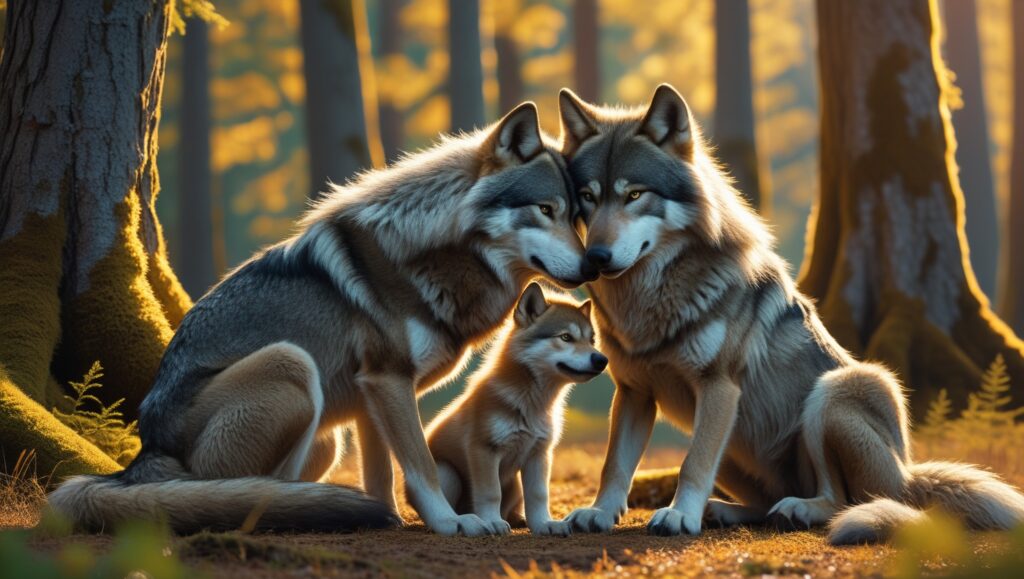 A wolf pack sitting together in a forest clearing, an adult wolf nuzzling its pup affectionately.