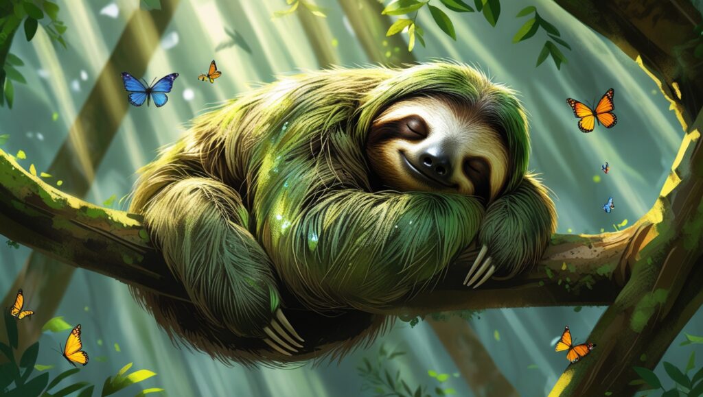 A sloth curled up and sleeping on a tree branch, with shafts of soft sunlight filtering through the canopy above. Its fur, slightly tinged green from algae, glistens in the light. Around it, colorful birds and butterflies flutter, while the rest of the forest appears still, reflecting the sloth’s peaceful energy. The sense of time feels slowed, with the forest embodying the same tranquil rhythm as the sloth.