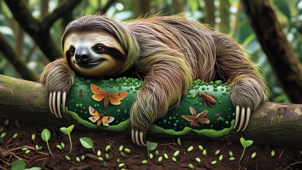 A sloth surrounded by a mini-ecosystem on its fur—algae, moths, and beetles interacting in harmony. The sloth rests on a tree branch while the forest floor below shows seeds sprouting from its droppings. The image captures the interconnectedness of life, with other animals like small birds and insects contributing to the rainforest's diversity.