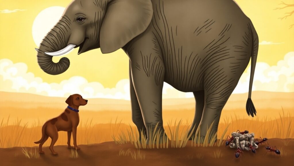 A touching illustration of an elephant comforting another by gently placing its trunk on the other's back, set against a golden savannah backdrop. Nearby, a loyal dog wags its tail beside a human companion, while ants work together to build their nest. The artwork highlights compassion, loyalty, and teamwork across species