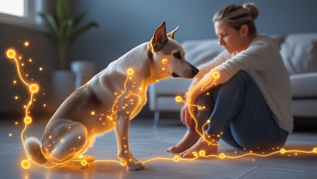 a dog sniffing the air with a detailed, glowing visual of scent particles leading to a human nearby. The human appears stressed, and the dog shows a comforting stance. Include a hint of cortisol molecules in the glowing scent trail for added detail.