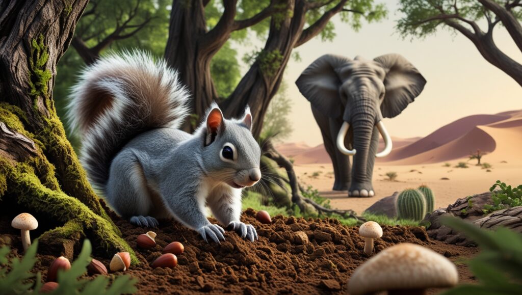 a squirrel retrieving a buried nut in a wooded area, with faint visual cues of landmarks like trees and rocks. Include an elephant walking through a desert, recalling a distant water source."