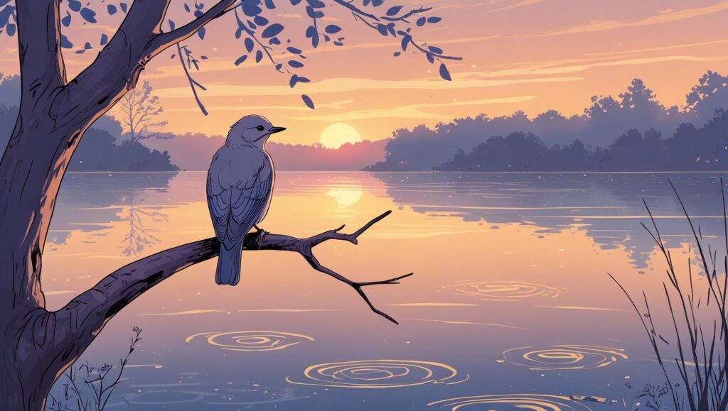 a bird perched on a tree branch at sunset, gazing calmly over a quiet lake. The scene should exude stillness and mindfulness, with soft, glowing colors in the sky and ripples in the water.