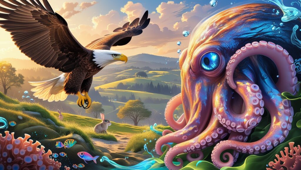 an eagle soaring high above a landscape, spotting a rabbit from a distance. Include an octopus in vibrant underwater surroundings, using its keen eyesight to observe its environment