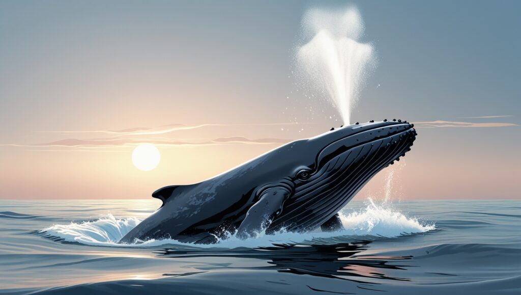 a majestic whale surfacing for air, releasing a powerful spout of water under a tranquil ocean sunrise. Emphasize the deep, controlled breathing with soft waves and a calming sky to convey a sense of relaxation.