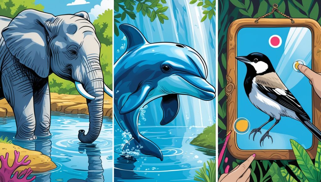 a series of animals interacting with mirrors. Show an elephant inspecting its face with its trunk, a dolphin curiously observing its reflection in clear water, and a magpie touching a colored dot on its body using the mirror. Add a vibrant, natural background for each animal—like a watering hole for the elephant, a coral reef for the dolphin, and a woodland setting for the magpie.