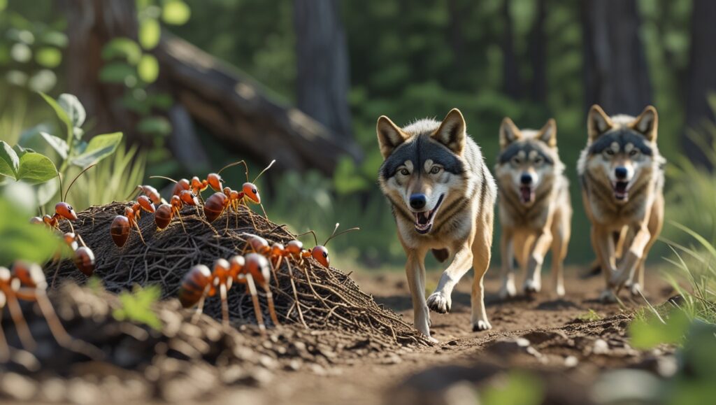ants forming a trail to transport food back to their nest, with a scout ant leading the way. Include a wolf pack working together to locate and chase prey, highlighting their teamwork and coordination.