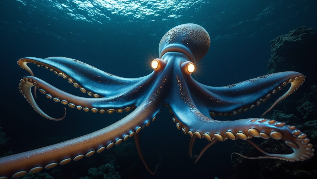 A dramatic deep-sea image of a giant squid extending its long tentacles. The squid is surrounded by a dark, murky ocean illuminated by faint bioluminescent light from nearby organisms. Its large, glowing eyes and textured body are prominent, evoking a sense of mystery.