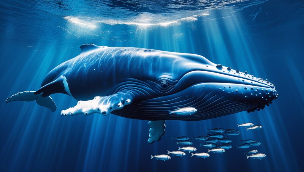 A stunning underwater scene showing a massive blue whale swimming gracefully with a pod of smaller fish nearby for scale. The whale's immense size is emphasized, with beams of sunlight penetrating the deep blue water. Details include the whale's textured skin, its streamlined body, and a calm, majestic expression.