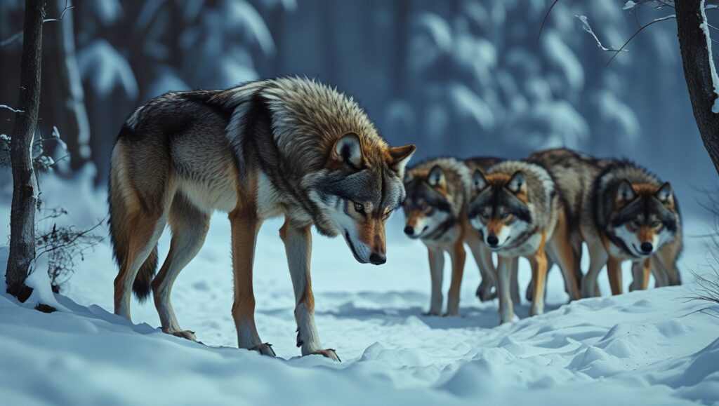 an image of a wolf in a snowy forest, lowering its body and averting its gaze after misstepping during a hunt. Nearby, other wolves in the pack observe but appear unbothered, emphasizing the wolf's submissive behavior.