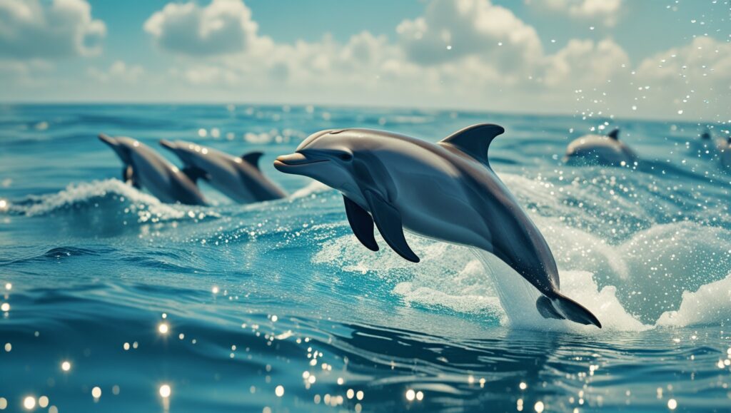 a dolphin mid-leap above sparkling ocean waves, failing to perform a trick and landing awkwardly. Depict the pod in the background, some swimming away, while the central dolphin hesitates before rejoining the group."