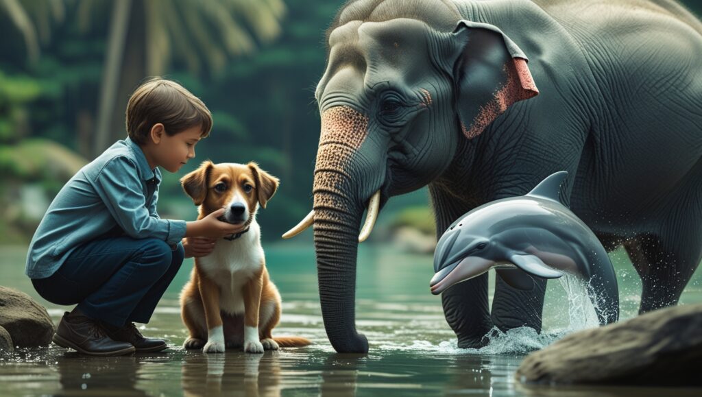 an emotional scene showing humans and animals interacting with mutual respect. Depict a child gently petting a dog that looks sheepish after a mishap, a conservationist observing a thoughtful elephant, and a researcher watching dolphins playfully leaping. Use natural colors and serene settings to emphasize harmony and connection."