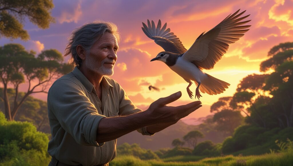 A conservationist releasing a rehabilitated bird into the wild, set against a vibrant sunset.