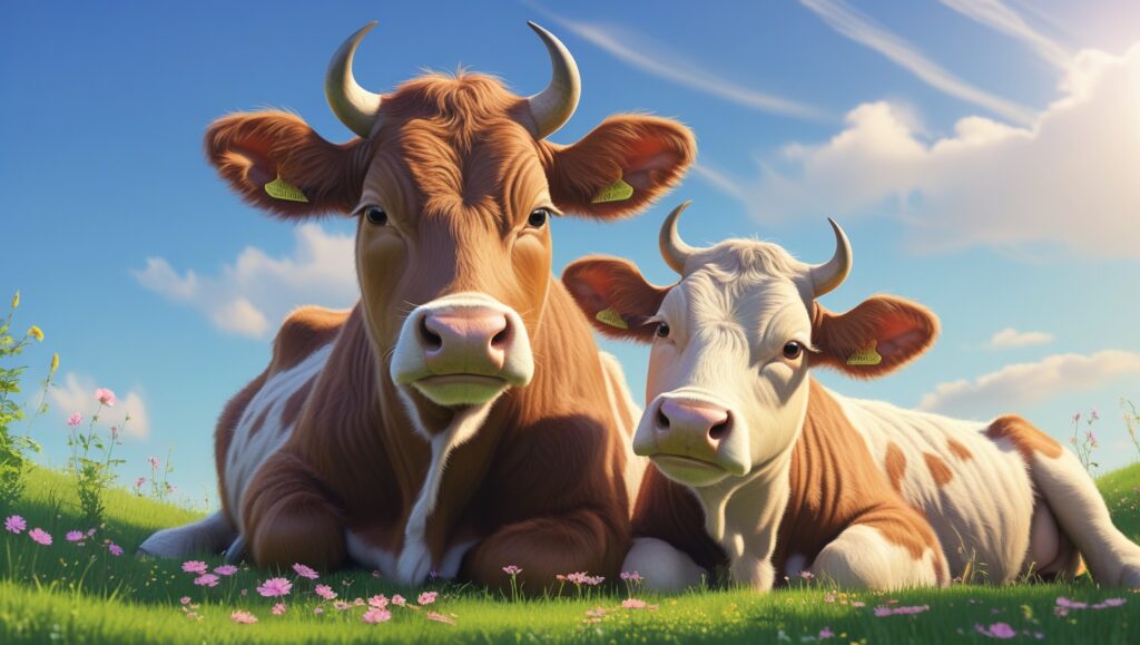 A cow resting peacefully beside another cow in a green pasture, symbolizing close bonds.