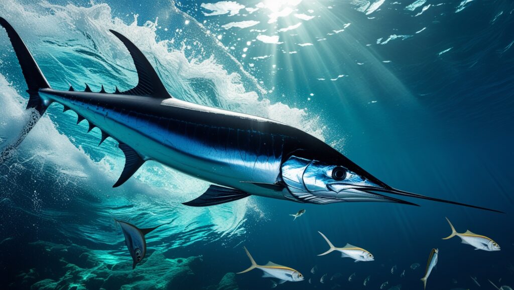 A black marlin cutting through crystal-clear ocean waters at high speed, its long, pointed bill leading the way. The scene includes sunlight streaming through the water and smaller fish darting out of its path.