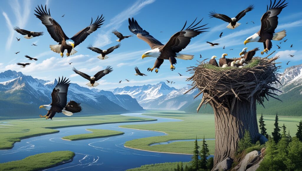 A triumphant scene of a bald eagle soaring high against the backdrop of a vibrant sunset, with a view of flourishing forests and clean rivers below. The composition emphasizes hope and resilience, celebrating the success of conservation efforts. The eagle’s shadow on the ground forms a symbolic shape of the United States to highlight its significance as a national emblem.