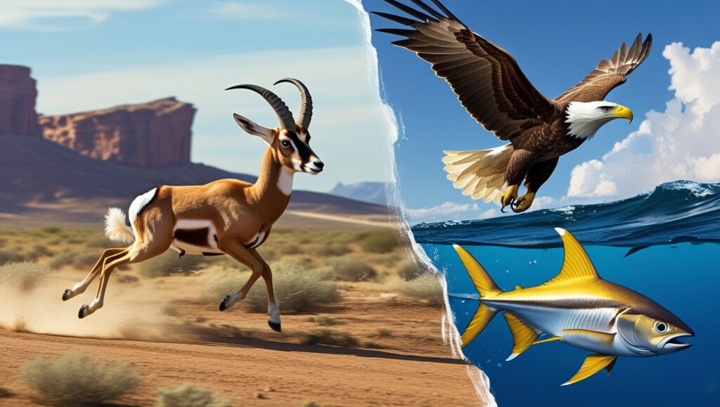 A collage-style image featuring multiple fast animals: a pronghorn antelope running through a desert landscape, a golden eagle diving from the sky, and a sailfish gliding just below the ocean's surface. The scene is vibrant and energetic, celebrating speed across different environments.