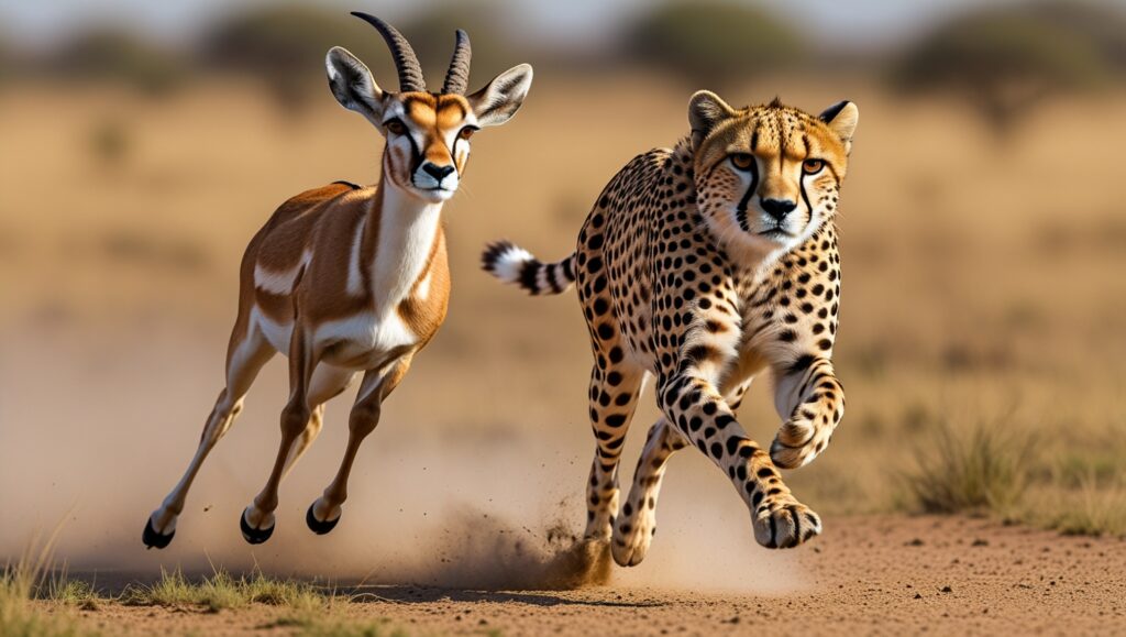 A dynamic scene showing a cheetah chasing a gazelle across a savannah, highlighting the predator-prey relationship. The gazelle is mid-leap, showcasing its agility, while the cheetah is in a full sprint, with focus and determination in its eyes