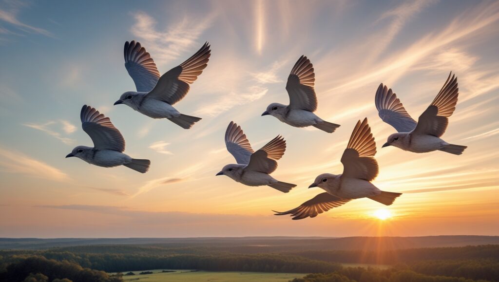 A group of young birds soaring confidently against a radiant sunset sky. Their wing strokes are smooth and synchronized, symbolizing their mastery of flight. Below, a scenic landscape of forests and open fields stretches out.