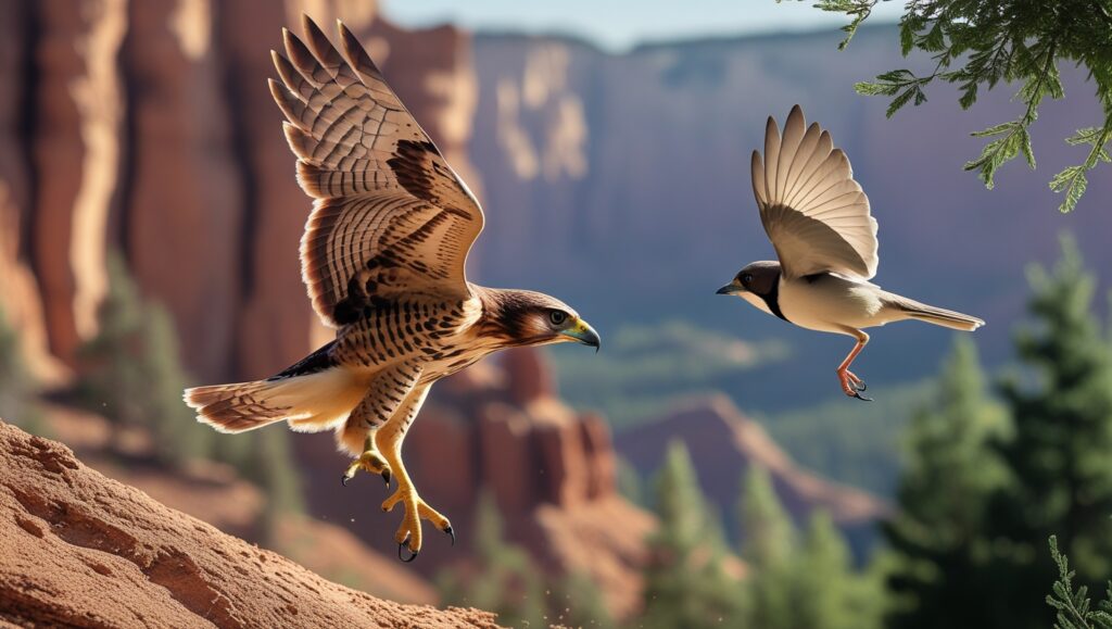 A hawk fledgling practicing its hunting dive in a rugged canyon setting, wings tucked mid-dive. Nearby, a songbird is darting through a dense forest, showcasing quick and agile movements, evoking the varied survival skills birds develop