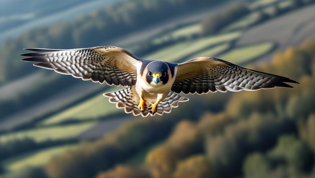 A peregrine falcon captured mid-dive, its wings tucked tightly to its body as it hurtles toward its prey. The background shows a dramatic view of the Earth below, with fields and forests blurred to emphasize its incredible speed.