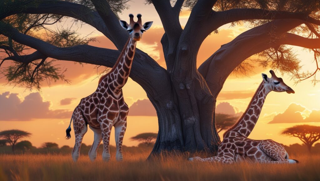a giraffe standing under a tree at sunset, eyes half-closed in a light nap. Add another giraffe curled up on the ground, showing their rare sitting sleep posture