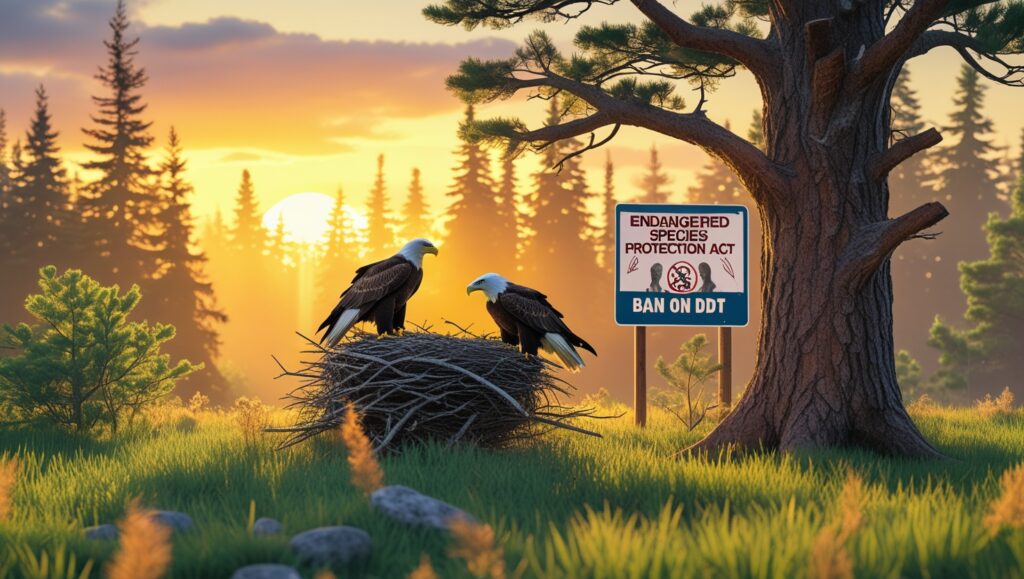 A collaborative scene featuring conservationists in action. Scientists monitor eagle nests using binoculars and drones, while volunteers plant trees near a lake. Another conservationist carefully releases a young bald eagle into the wild. The image radiates teamwork and determination, with the bald eagle as the focal point soaring into the open sky.