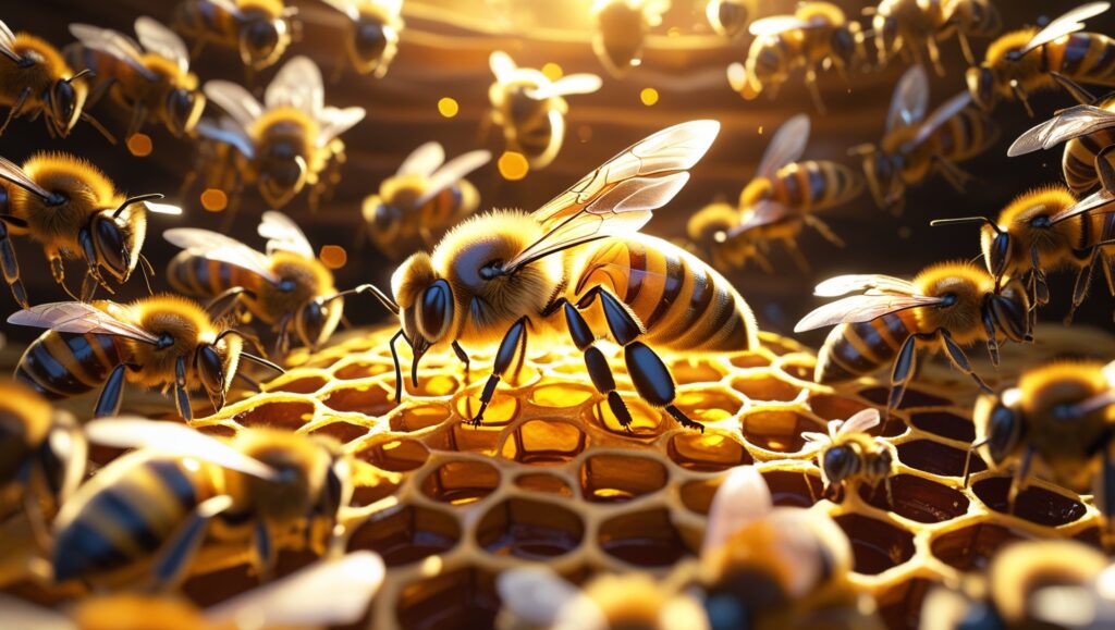 A bee colony in action, with a close-up of the queen bee surrounded by workers tending to the hive. The scene highlights the harmony and structure of group living in a bustling hive environment