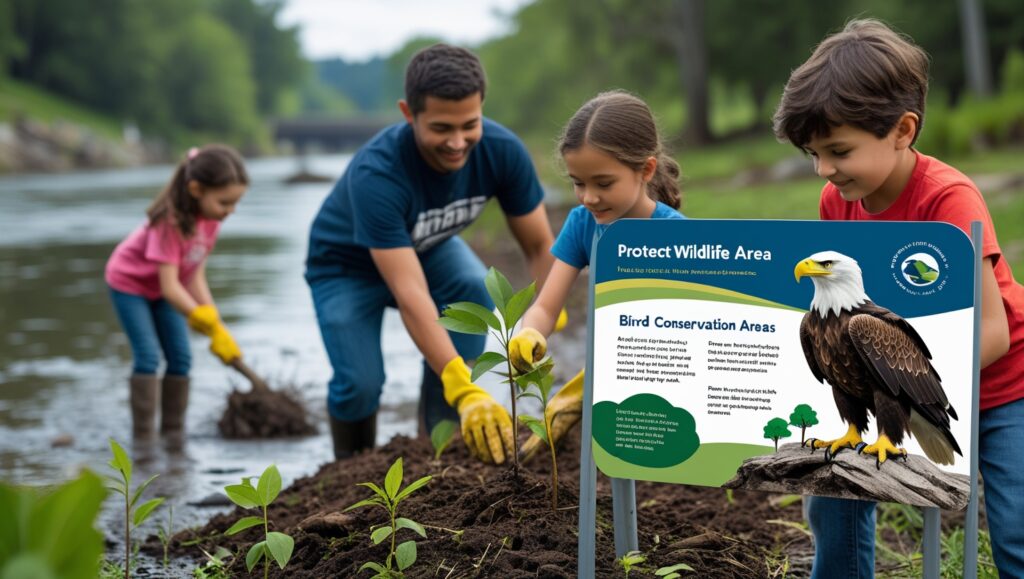 An engaging image showing individuals taking eco-friendly actions. A family participates in a river clean-up, children plant trees, and a community sets up bird conservation areas. In the foreground, an informational sign features a bald eagle with tips on protecting wildlife. The overall tone is proactive and inspiring.