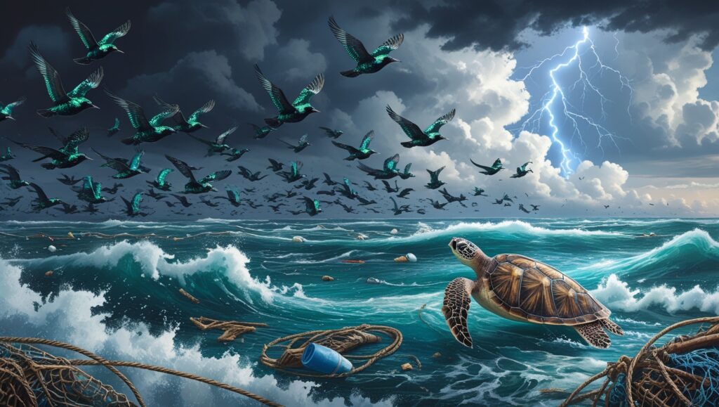a flock of birds facing stormy skies and a sea turtle encountering ocean debris.