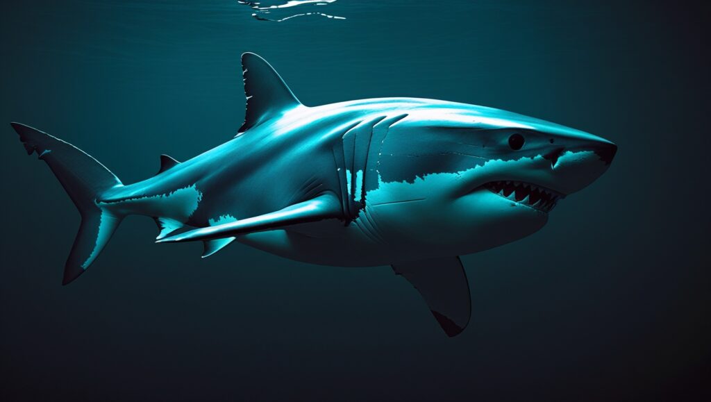 a great white shark swimming in deep, dark waters with its body in automatic motion. Include a faint glow around the shark to symbolize its semi-restful state.