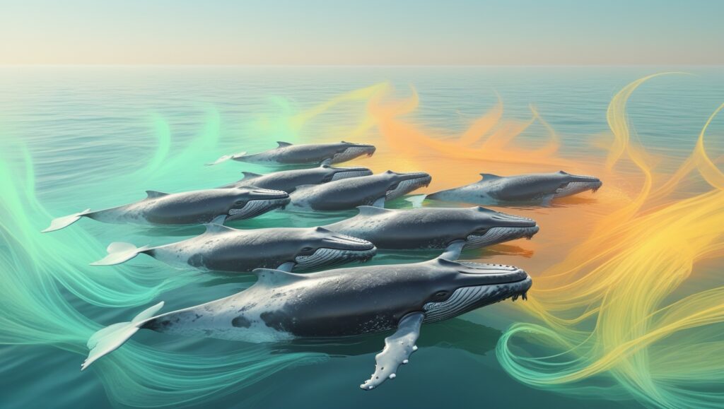 Show whales swimming toward warmer waters with environmental signals like temperature gradients subtly highlighted.