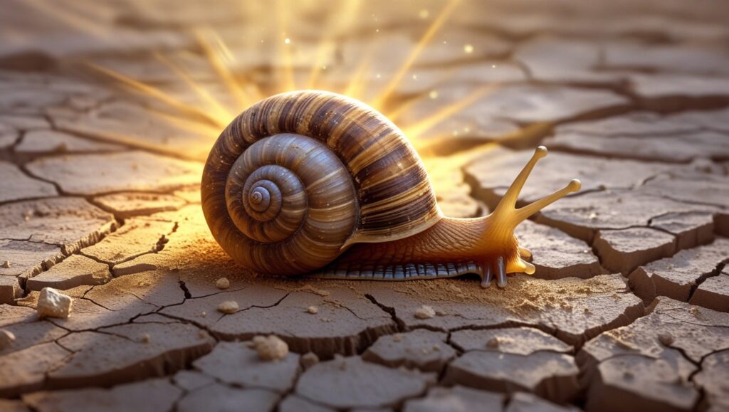 a snail in its shell on a dry, cracked ground, surrounded by a faint golden aura to signify its long sleep during harsh conditions.