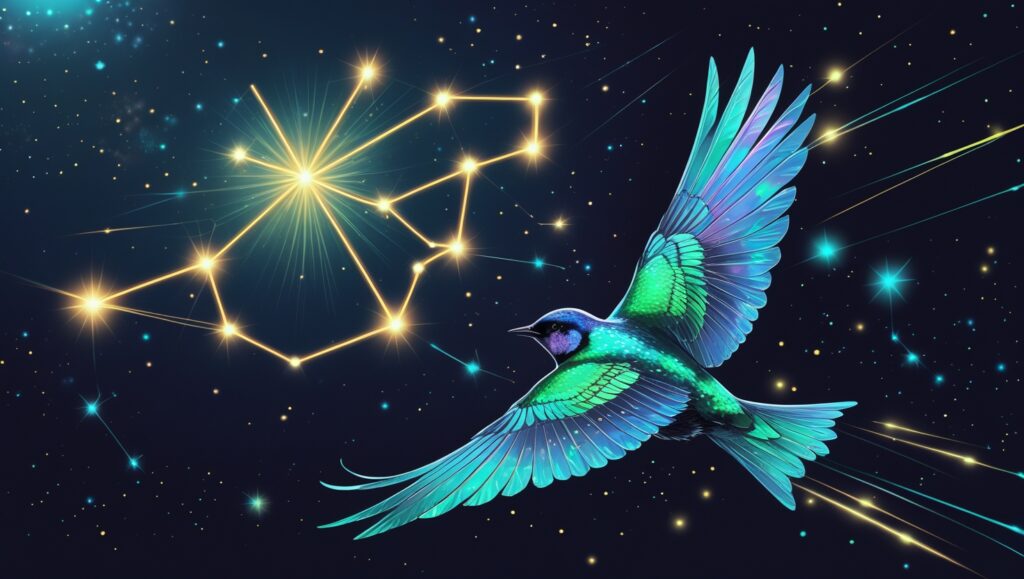 a bird flying with faint magnetic field lines surrounding it, paired with a glowing constellation in the background.