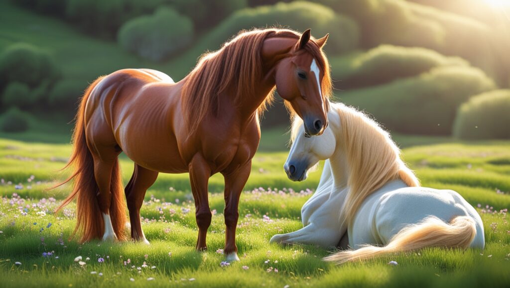 a horse standing in a grassy field, peacefully dozing with its mane swaying in a light breeze. Add a companion horse lying down in the background for variety