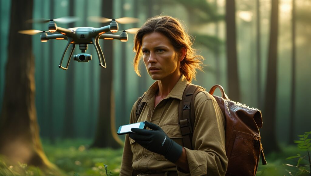 rangers using modern technology like drones and GPS trackers to monitor wildlife, alongside a rescue sanctuary with healthy animals. Include a classroom scene teaching children about conservation and a banner promoting laws against wildlife trafficking.