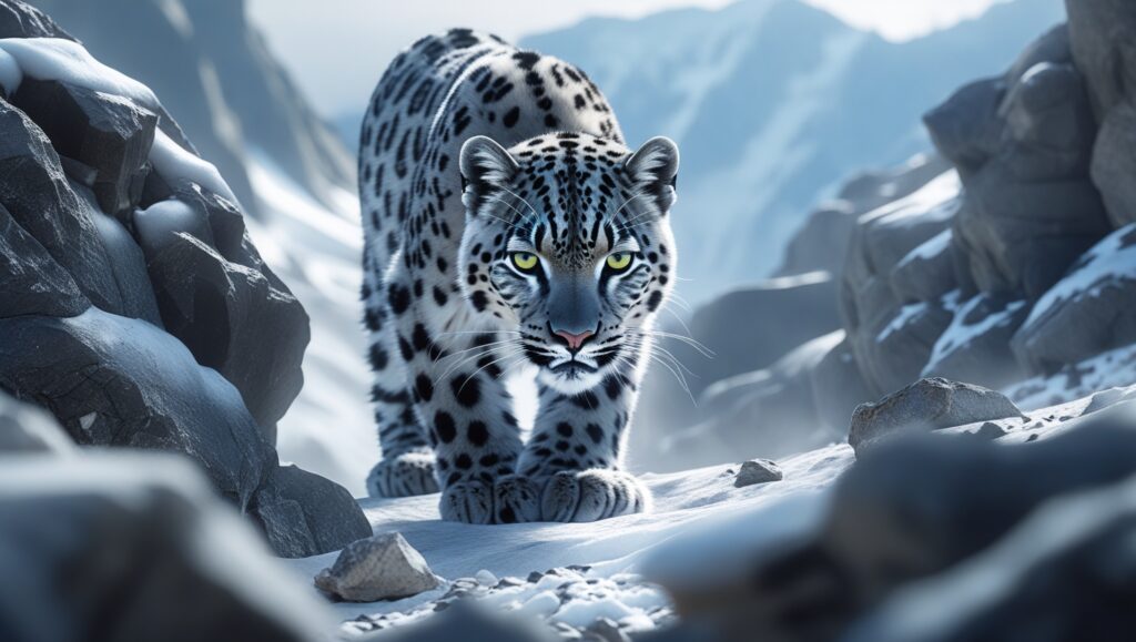 A snow leopard blending seamlessly into its snowy, rocky surroundings. The focus is on its stealth and the vast, untouched expanse of its territory, symbolizing the solitude of a masterful predator."