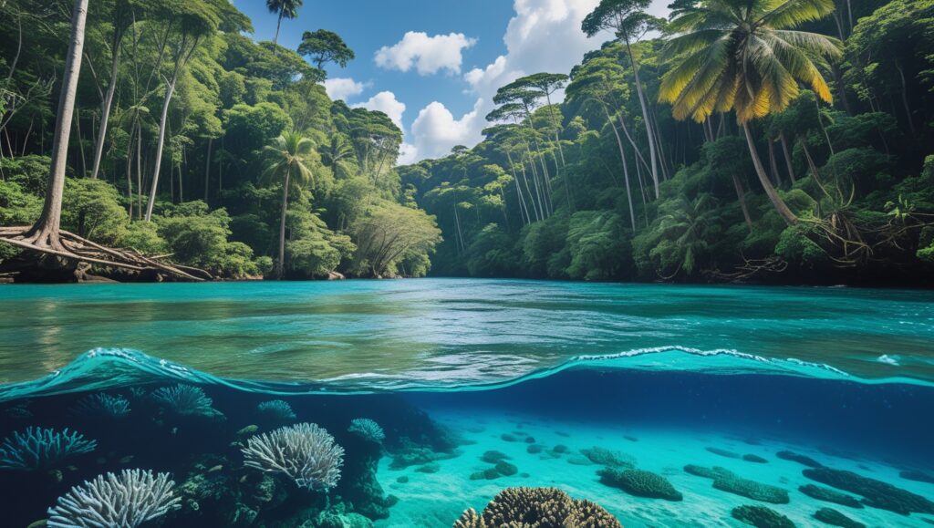 A breathtaking rainforest scene with towering trees absorbing carbon dioxide, a clean blue river filtering water, and coral reefs thriving under the ocean waves. The air is crisp and fresh, emphasizing the environmental benefits of wildlife conservation.