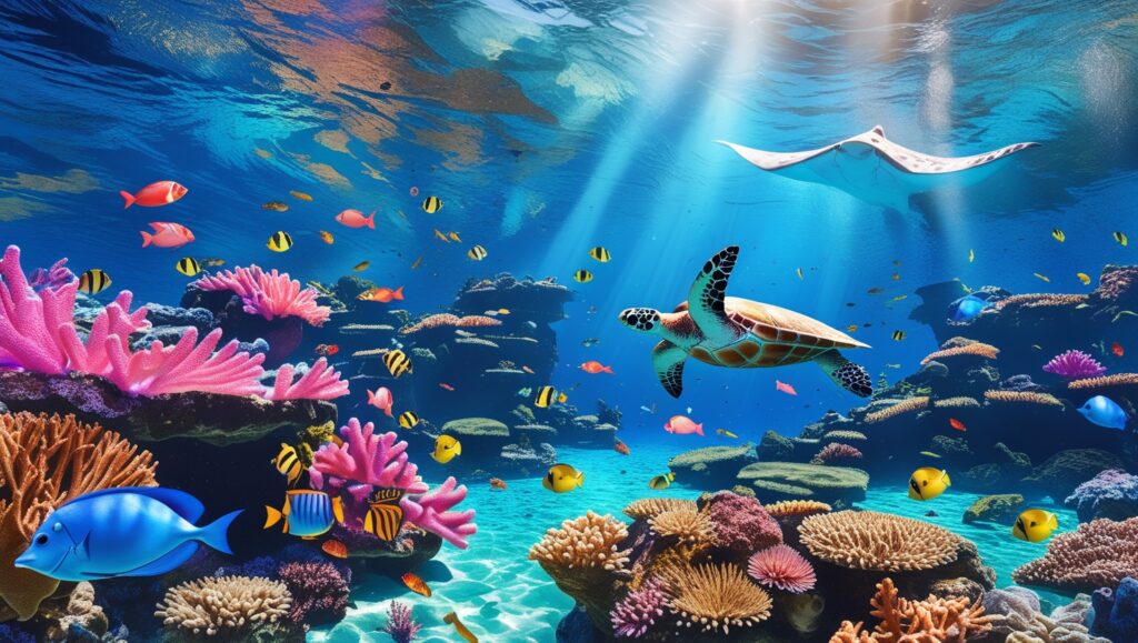 A stunning underwater ecosystem filled with fish of all shapes and sizes hiding within coral caves and crevices. A small school of bright yellow tangs swims near the surface while a moray eel lurks in the shadows. The reef appears as a natural fortress, offering protection to marine creatures.