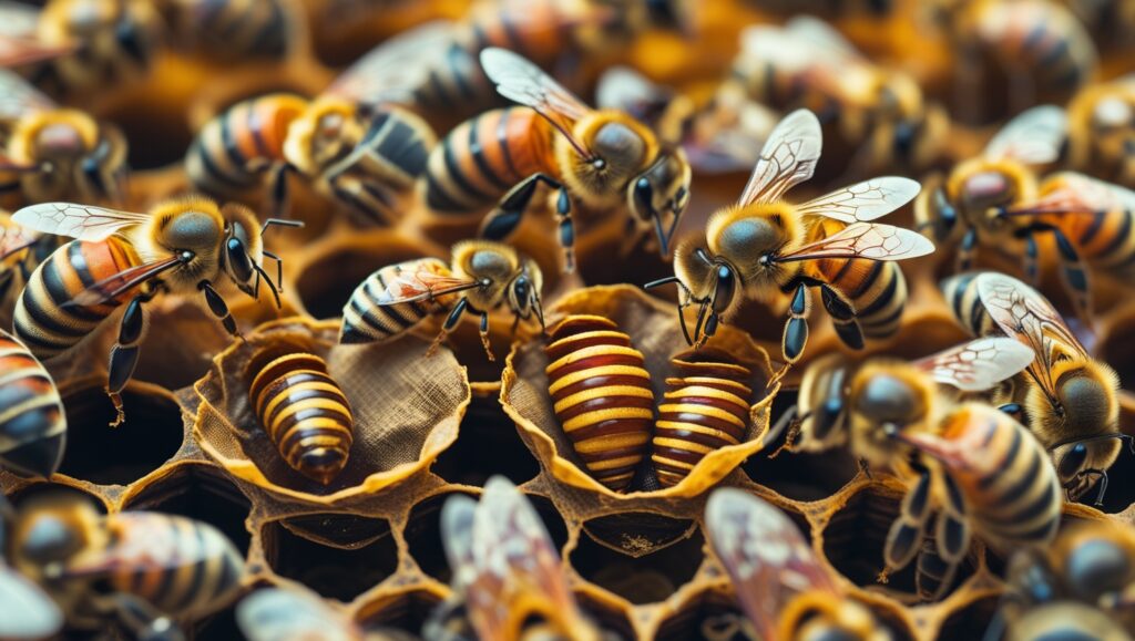 A dramatic scene inside the hive, showing multiple queen larvae growing inside their special large queen cups. One newly emerged queen, slightly larger and more vibrant, faces off against another queen in a tense moment, illustrating the battle for dominance. The hive’s worker bees watch in the background.