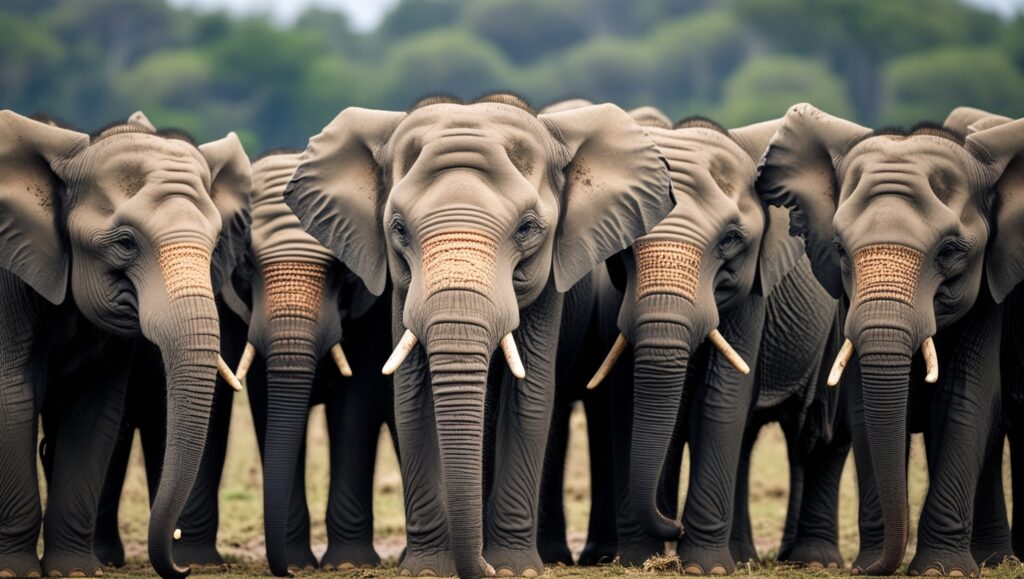 A grieving elephant herd standing around an elder matriarch who has passed, their trunks touching in an emotional display. A younger female looks determined yet hesitant, standing at the front as if preparing to lead.