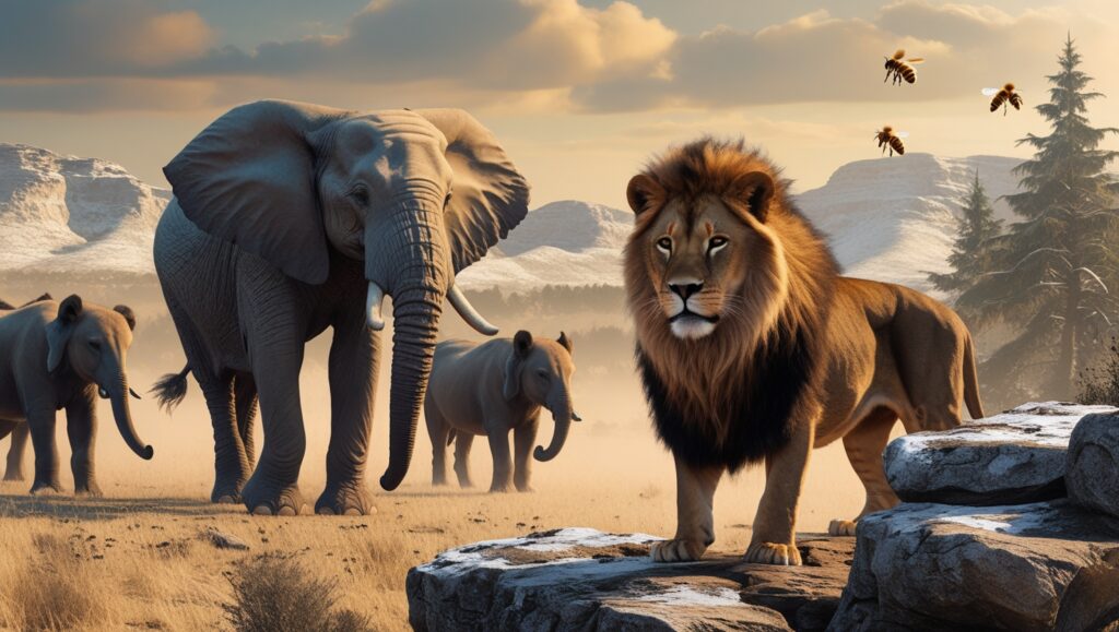 A majestic elephant matriarch leading her herd across a dry savannah, a wolf alpha guiding its pack through a snowy forest, a lion surveying its pride from a rocky outcrop, and a honeybee queen at the heart of a buzzing hive. The image should convey wisdom, strength, and authority
