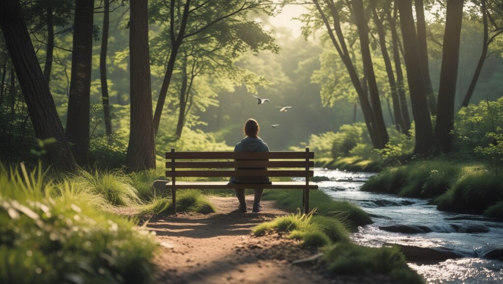 A peaceful forest trail with a person sitting on a wooden bench, watching birds and listening to a flowing stream. Sunlight filters through the trees, creating a calming and therapeutic atmosphere, symbolizing the mental health benefits of nature