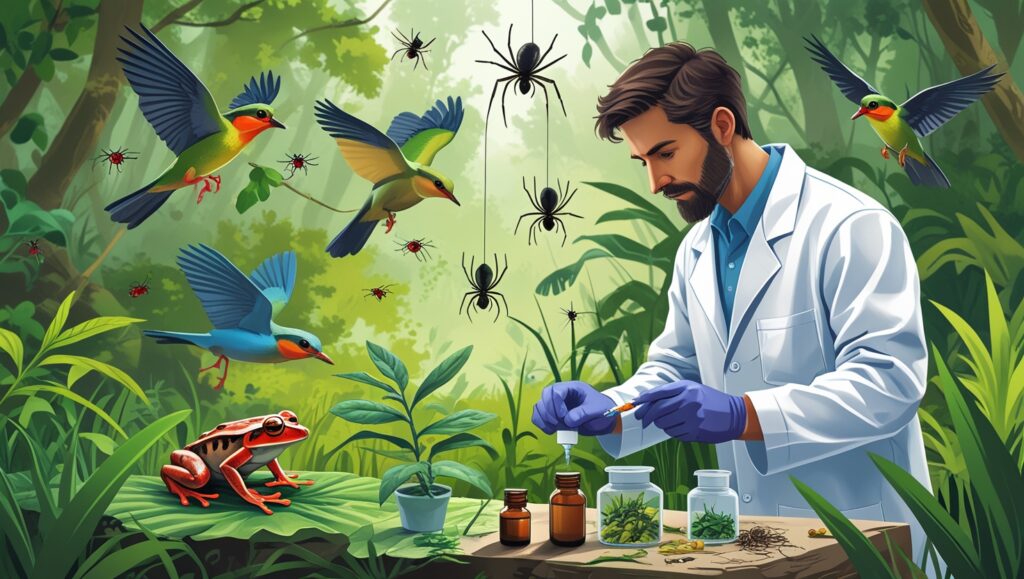 A rich, green landscape featuring birds, frogs, and spiders actively hunting insects. In the foreground, a scientist in a lab coat examines plants and natural compounds, highlighting the medical benefits of wildlife.